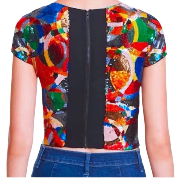 $440 Sequins Alice + Olivia Kaleidoscopic Crop Top 2 COLORFUL Back Stretch Panel - Picture 6 of 16